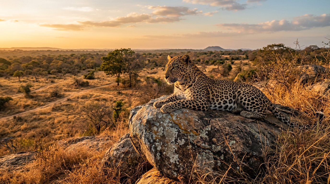 Sri Lankan leopard on rocky outcrop in Yala National Park during dry season